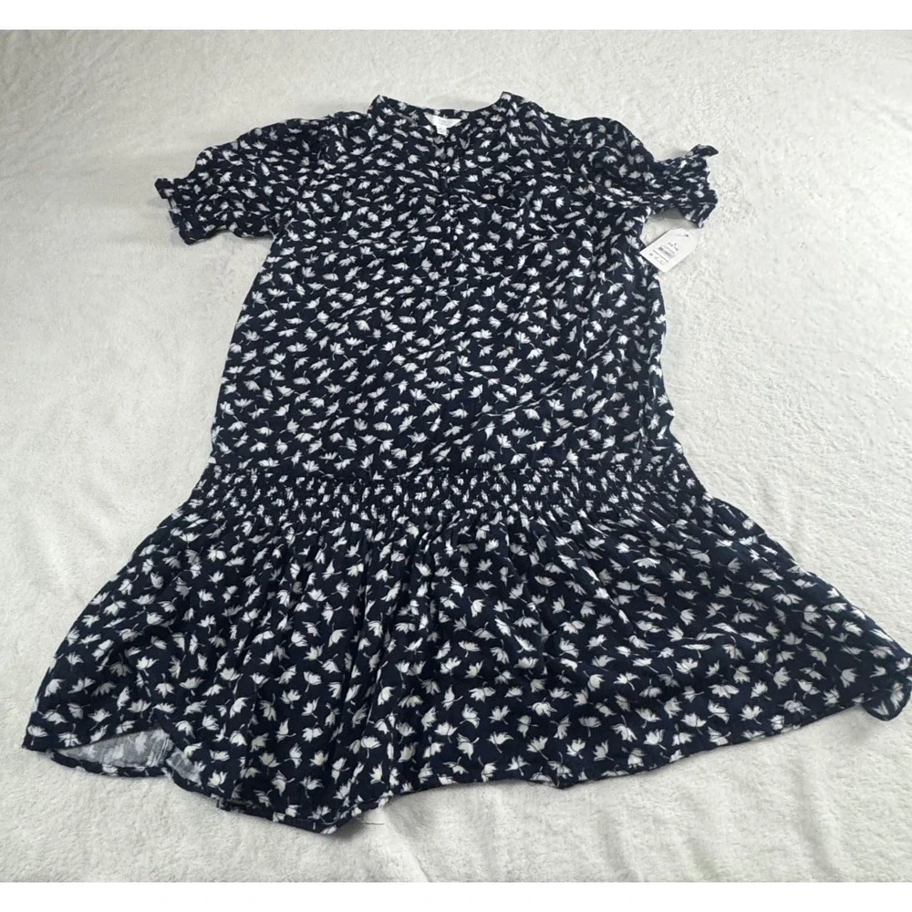 Time and Tru Navy Floral Smocked Drop Waist Cotton Mini Dress L 12-14